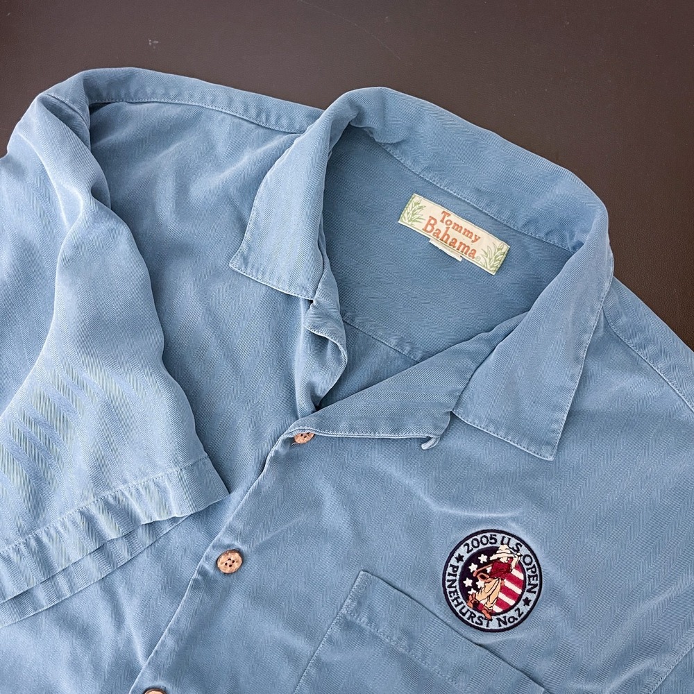 Tommy Bahama Silk Shirt Mens Large Blue 2005 Pinehurst US Open Golf Patch Aloha